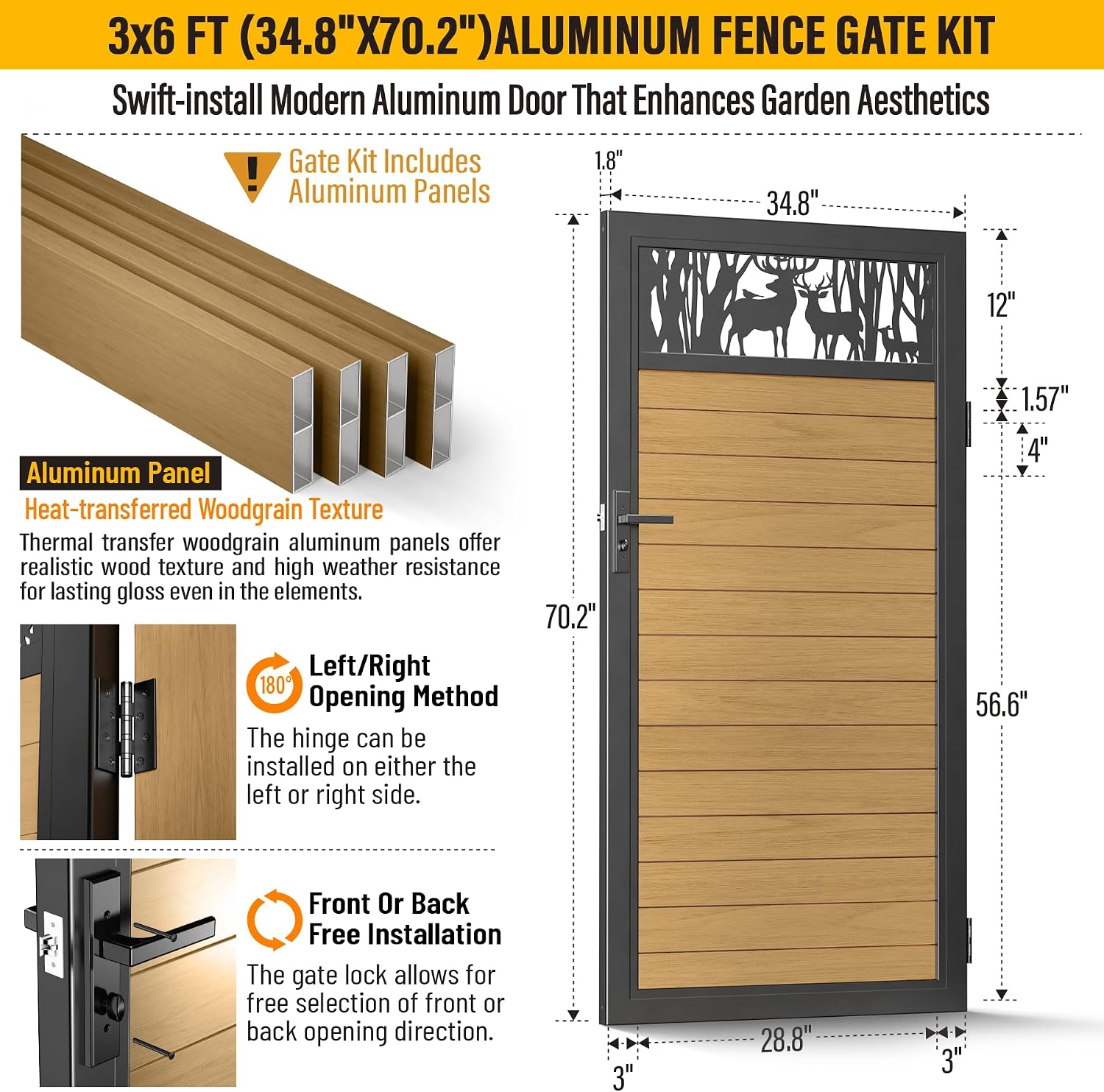 3x6 FT Aluminum Fence Gate Kit Wood Grain Aluminum Gate with Decorative Cutout, Lock & Hinges, Left/Right Opening, Weather Resistant for Yard Garden Patio