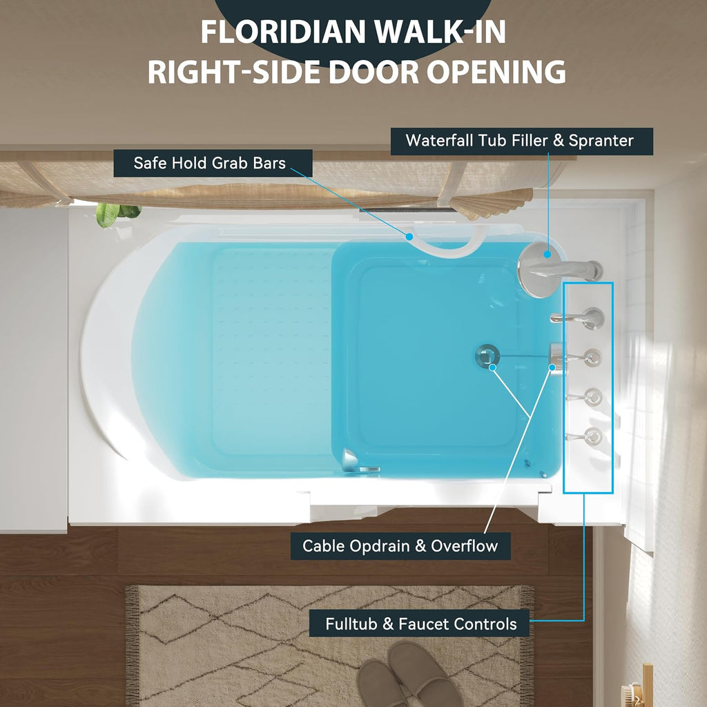 FerdY Floridian 55'x33' Walk-in Bathtub with Right-Side Door Opening and Quick Fill and Drain System, Rectangular Soaking Bathtub in White