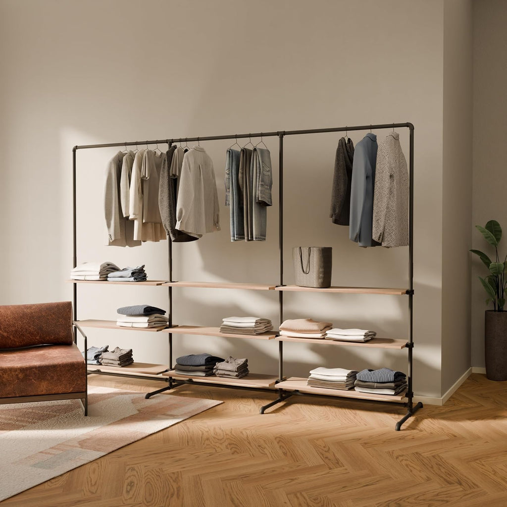 pamo Industrial Pipe Clothing Rack with Oak Shelf – 114' W x 76' H – Freestanding Metal Garment Rack for Bedroom, Walk-In Closet & Retail