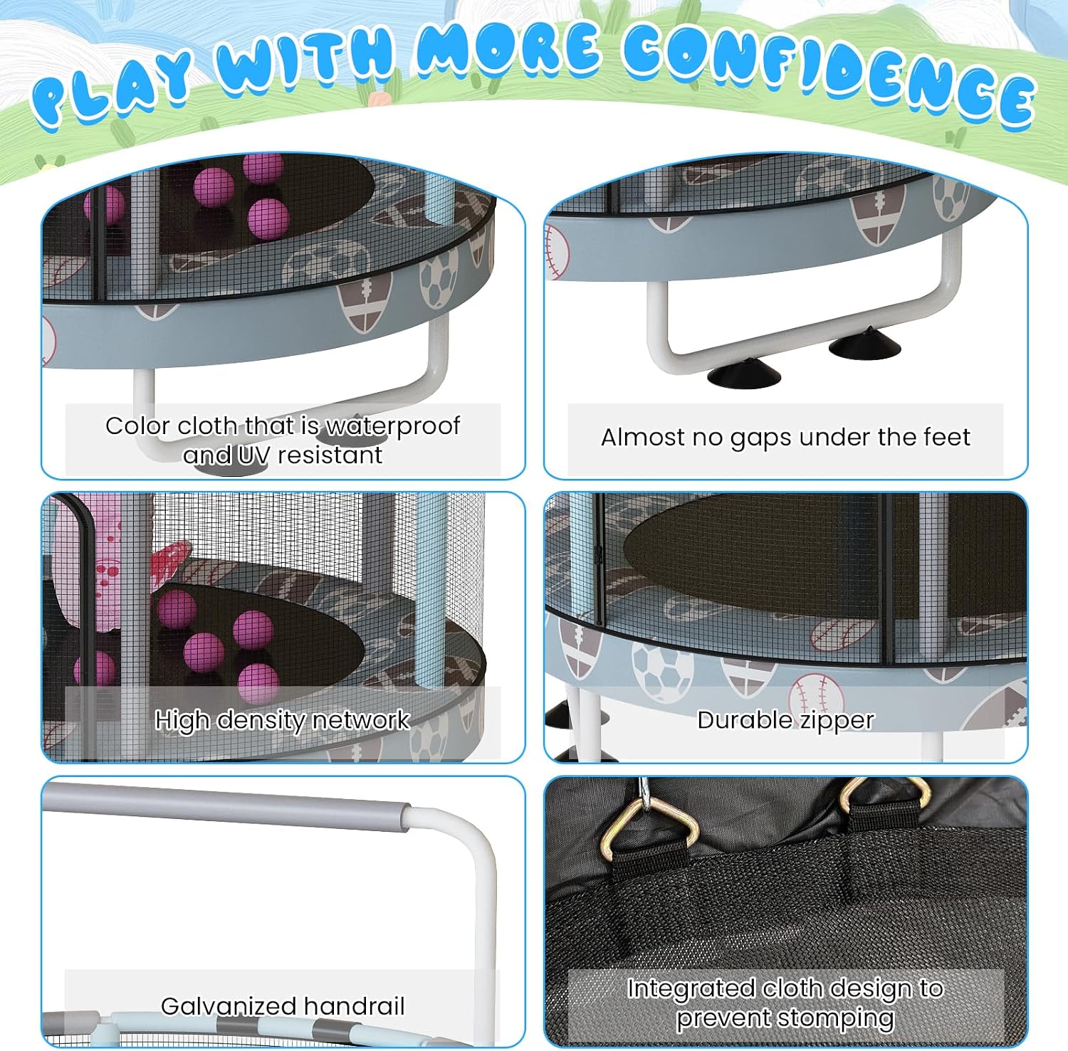 LAMERGE 55' 7-in-1 Round Trampoline for Kids Boys & Girls Ages 1-8, Indoor & Outdoor Trampoline for Fun, Adjustable Height Handrail ＆ Enclosed Safety Net ＆ Durable Designs for Toddlers Children
