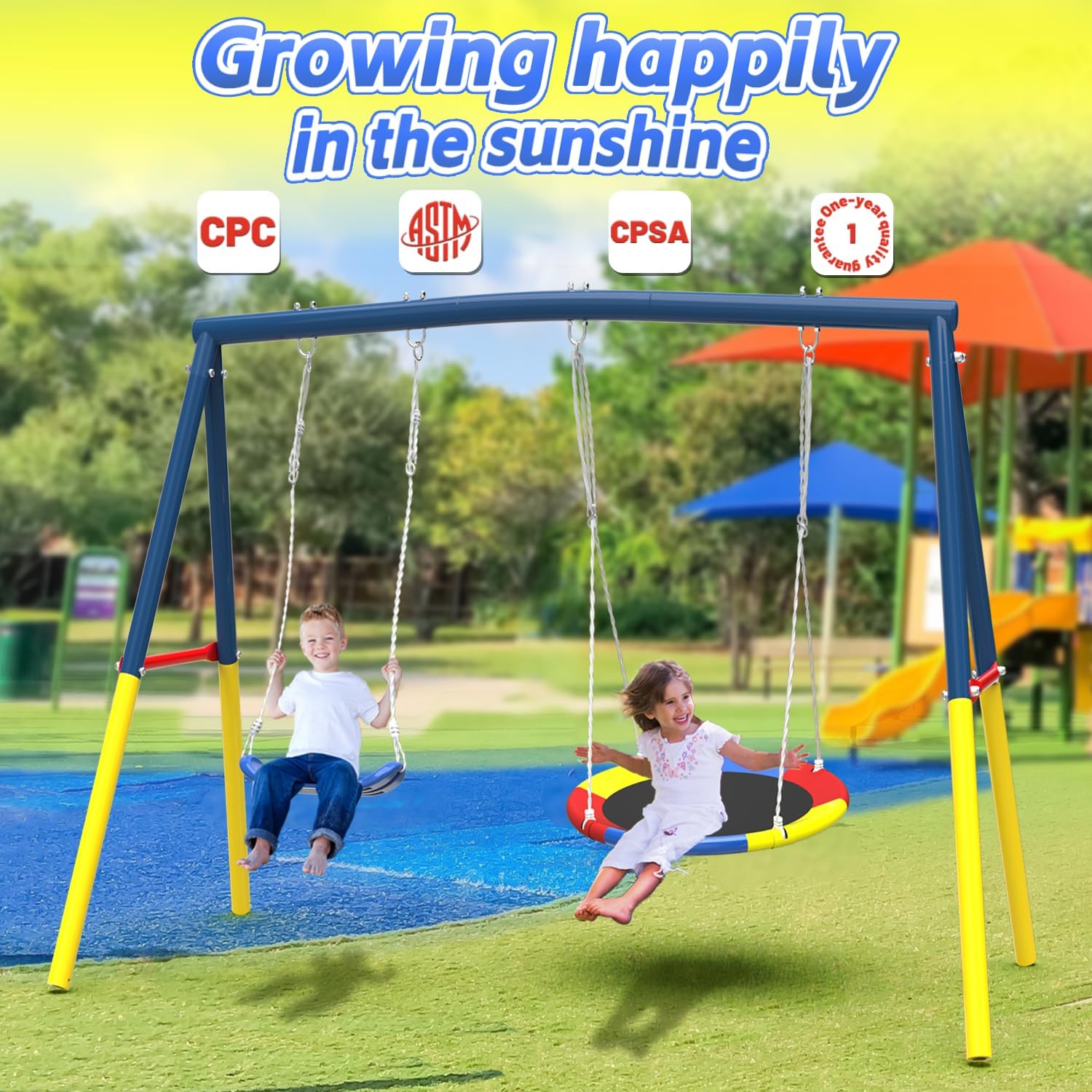 440lbs Swing Set for Backyard with Stand, Swing Heavy Duty Metal Outdoor Swing Stand, Contain 1 Saucer 32' & 1 Belt seat 26.2' for Playground - Backyard Playset, Adjustable Rope (Blue)