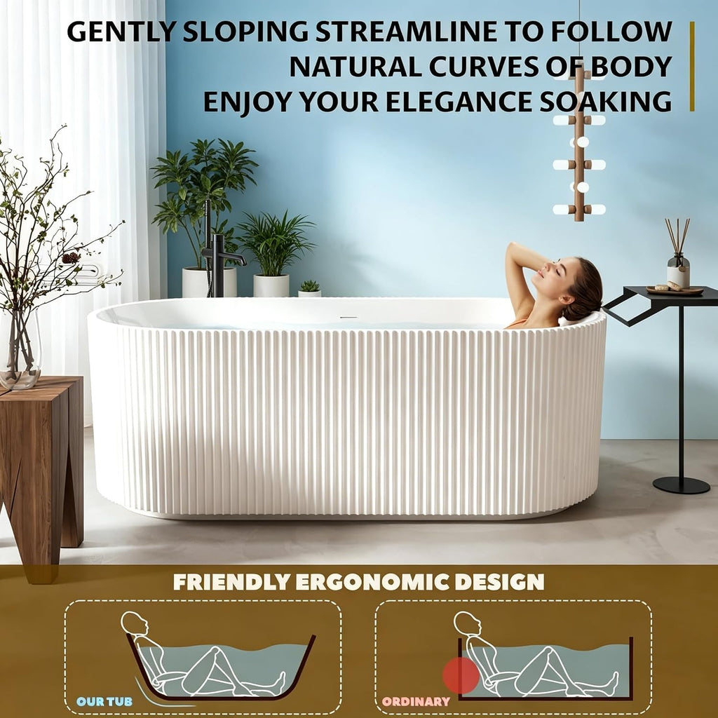 59 Inch Acrylic Freestanding Bathtub, Deep Soaking Tub with Non-Slip Base, cUPC Certified Free Standing Tub, Chrome Drain Bath Tub, Modern Tub for Bathrooms, White