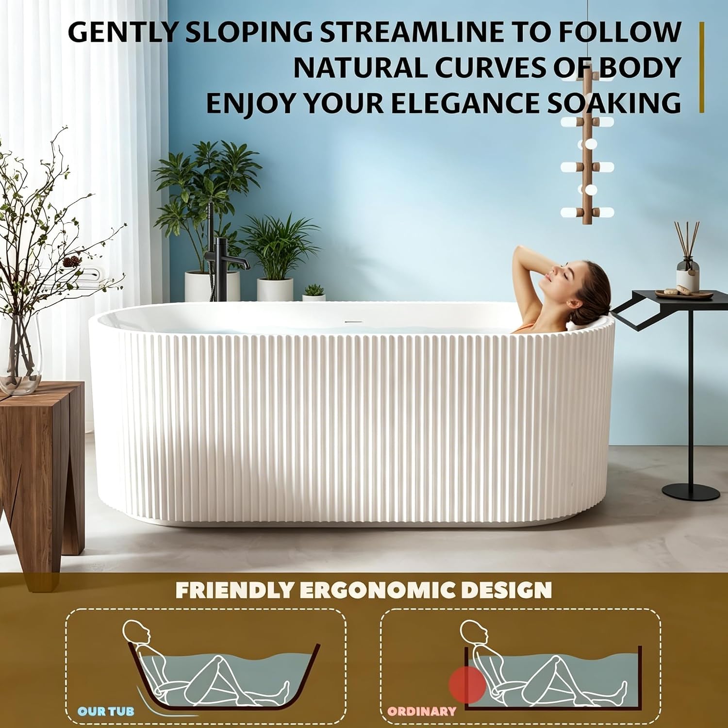 59 Inch Acrylic Freestanding Bathtub, Deep Soaking Tub with Non-Slip Base, cUPC Certified Free Standing Tub, Chrome Drain Bath Tub, Modern Tub for Bathrooms, White