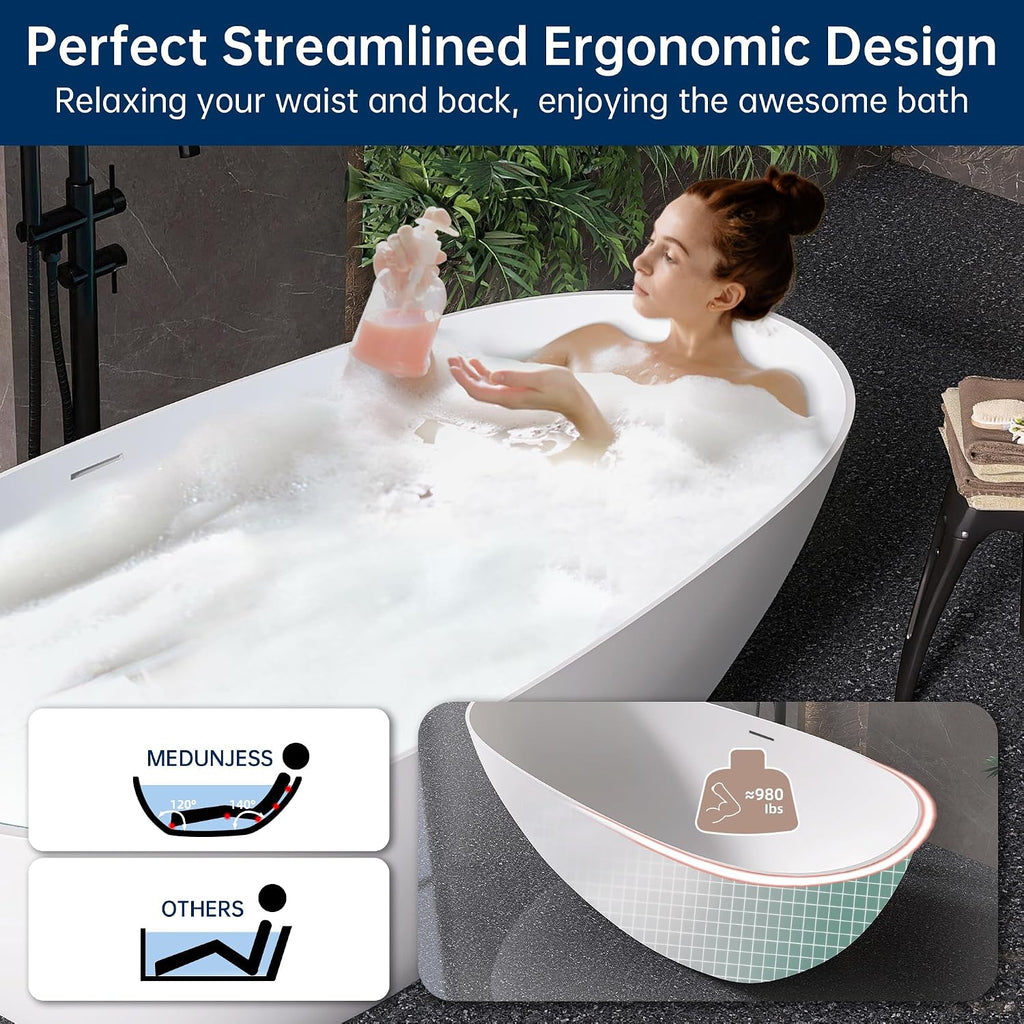 67' Stone Resin Freestanding Tub, Oval Solid Surface Bathroom Freestanding Bathtub, Thin Edge Stand Alone Tub with Integrated Slotted Overflow and Pop-up Drain, White 302-1700
