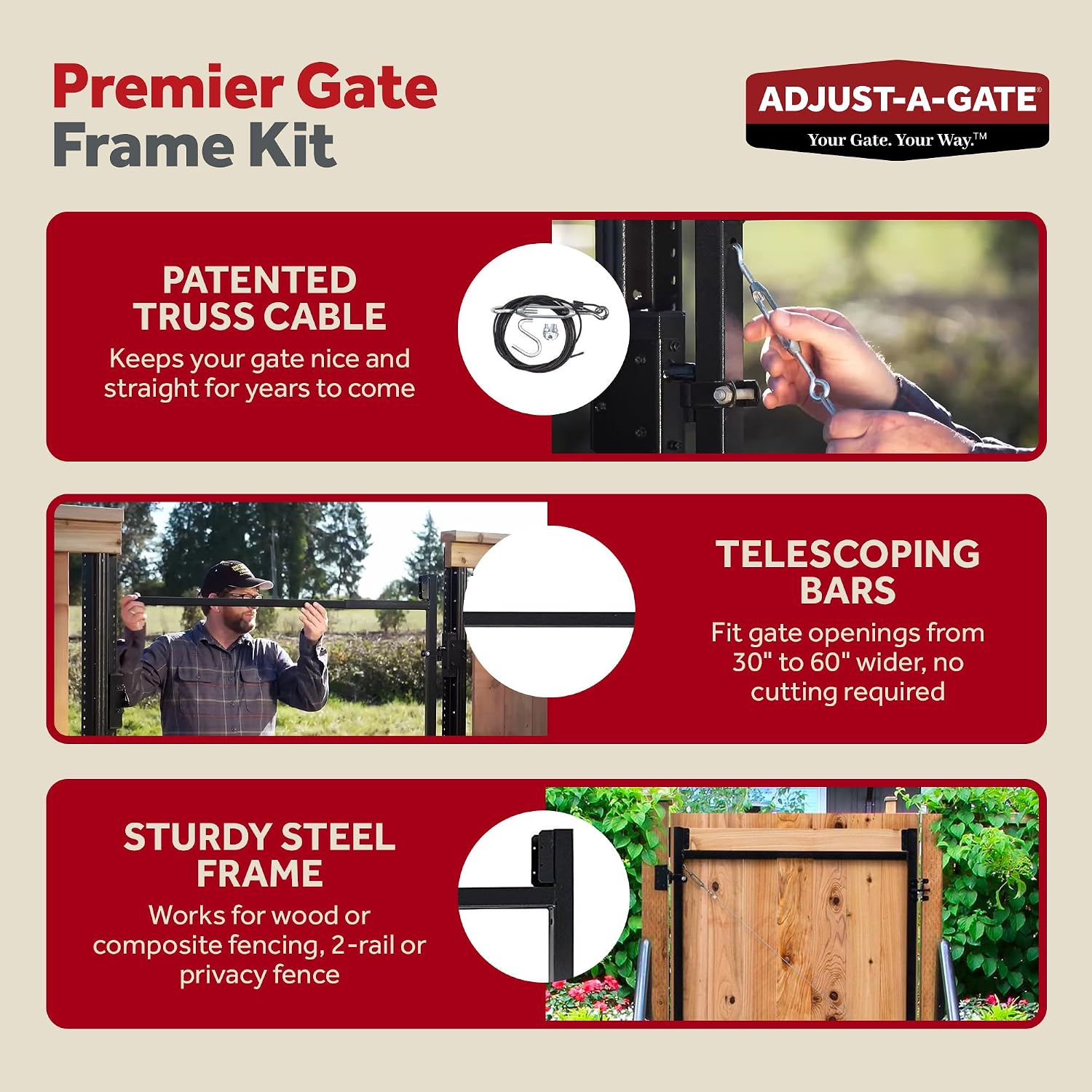 Adjust-A-Gate Full Frame Gate Fence Kit, Fits 36-60' Openings & Up to 5-6', Black - Heavy-Duty Outdoor Reinforcement & Accessories for Gates and Fences