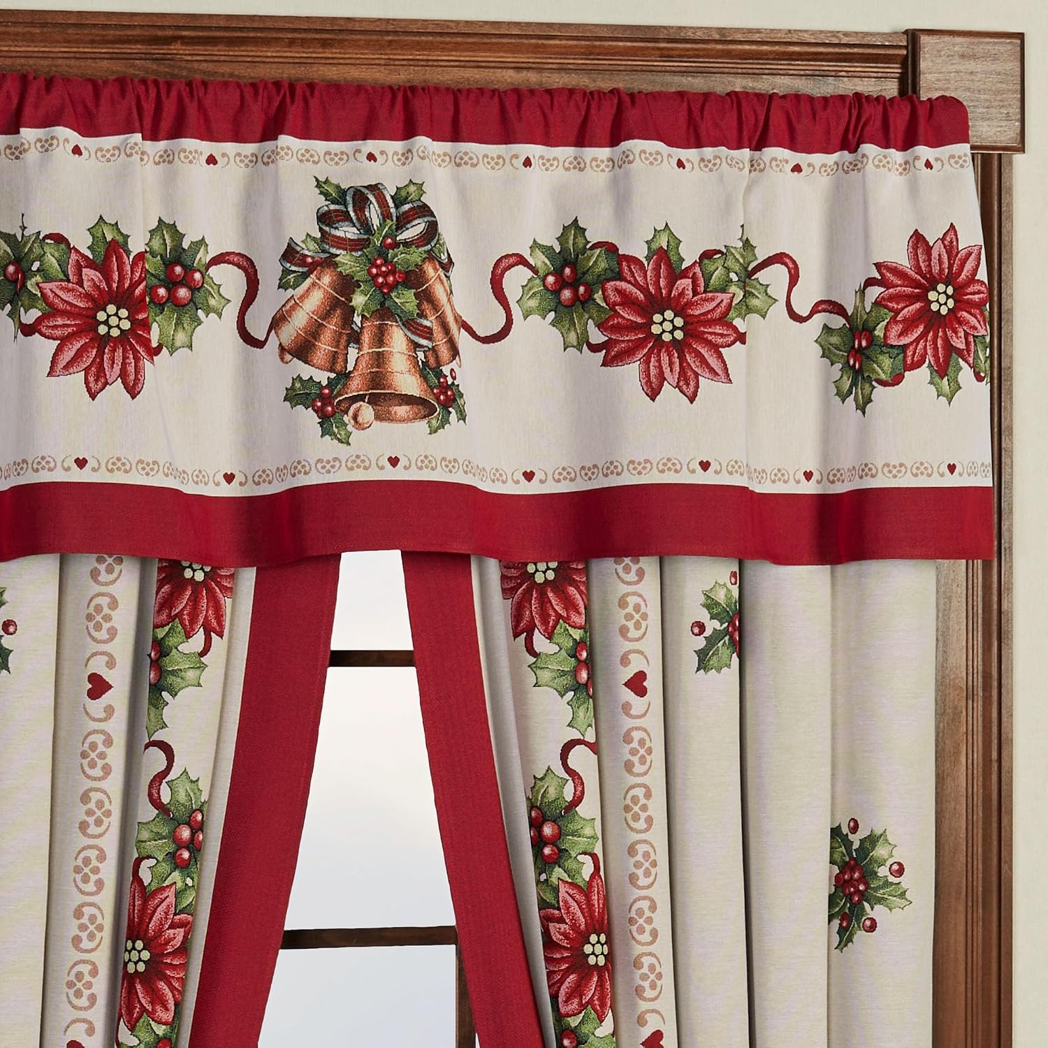 Holiday Bells Luxury Window Treatment | Lightweight Woven Jacquard Tapestry Style Christmas Curtains Valance | Gold Bells Poinsettia Flowers Holly Leaf | Festive Tailored Valance Curtain Pair Drapery