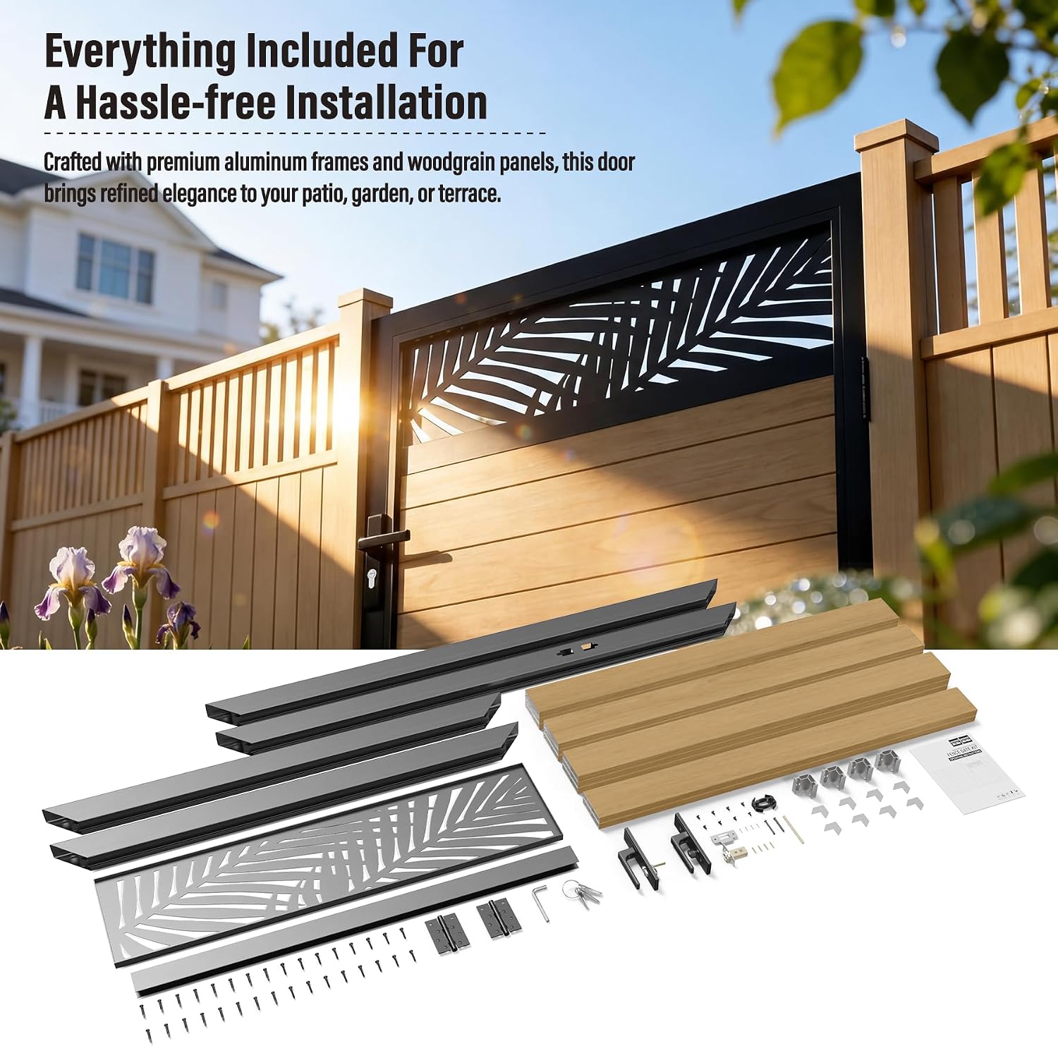 4x5 FT Aluminum Fence Gate Kit Wood Grain Aluminum Gate with Decorative Cutout, Lock & Hinges, Left/Right Opening, Weather Resistant for Yard Garden Patio