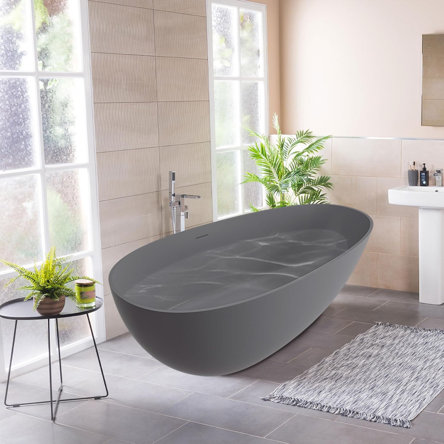 CASAINC 59' Solid Surface Freestanding Bathtub Egg-Shaped Stone Resin Freestanding Tub Matte Grey Stand-Alone Tub with Drain, Drain Hose & Sanding Paper