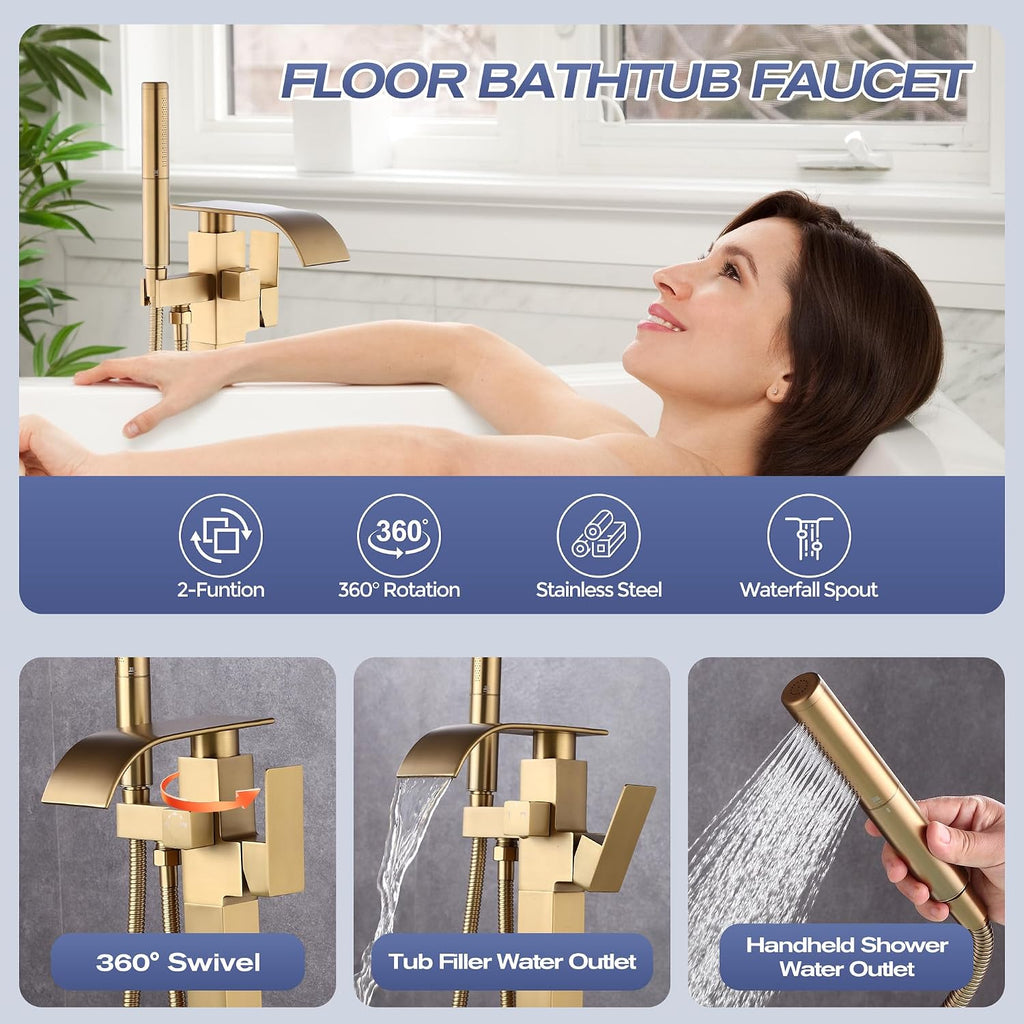Waterfall Freestanding Bathtub Faucet, Floor Mount Bathroom Tub Filler Shower Faucets with Handheld Sprayer, Brushed Gold