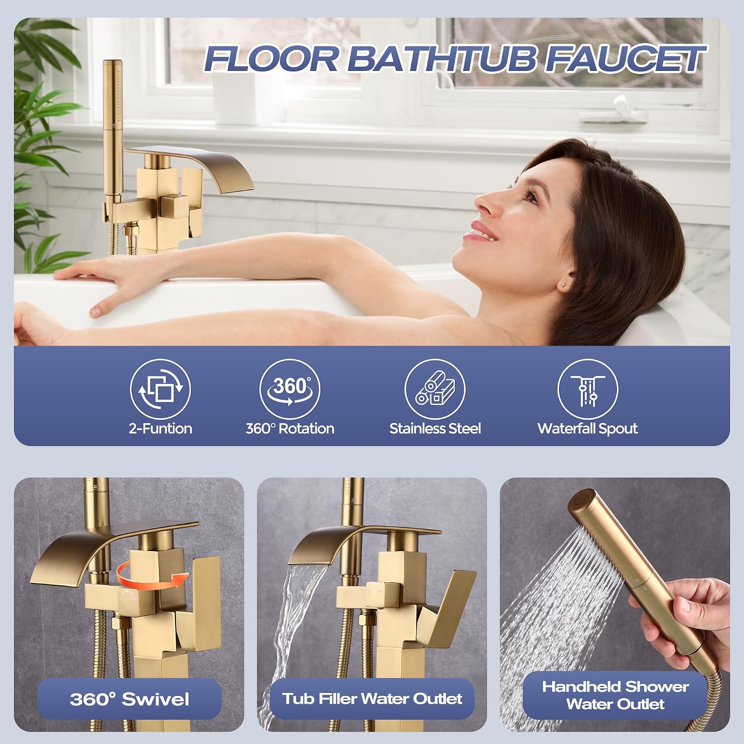 Waterfall Freestanding Bathtub Faucet, Floor Mount Bathroom Tub Filler Shower Faucets with Handheld Sprayer, Brushed Gold