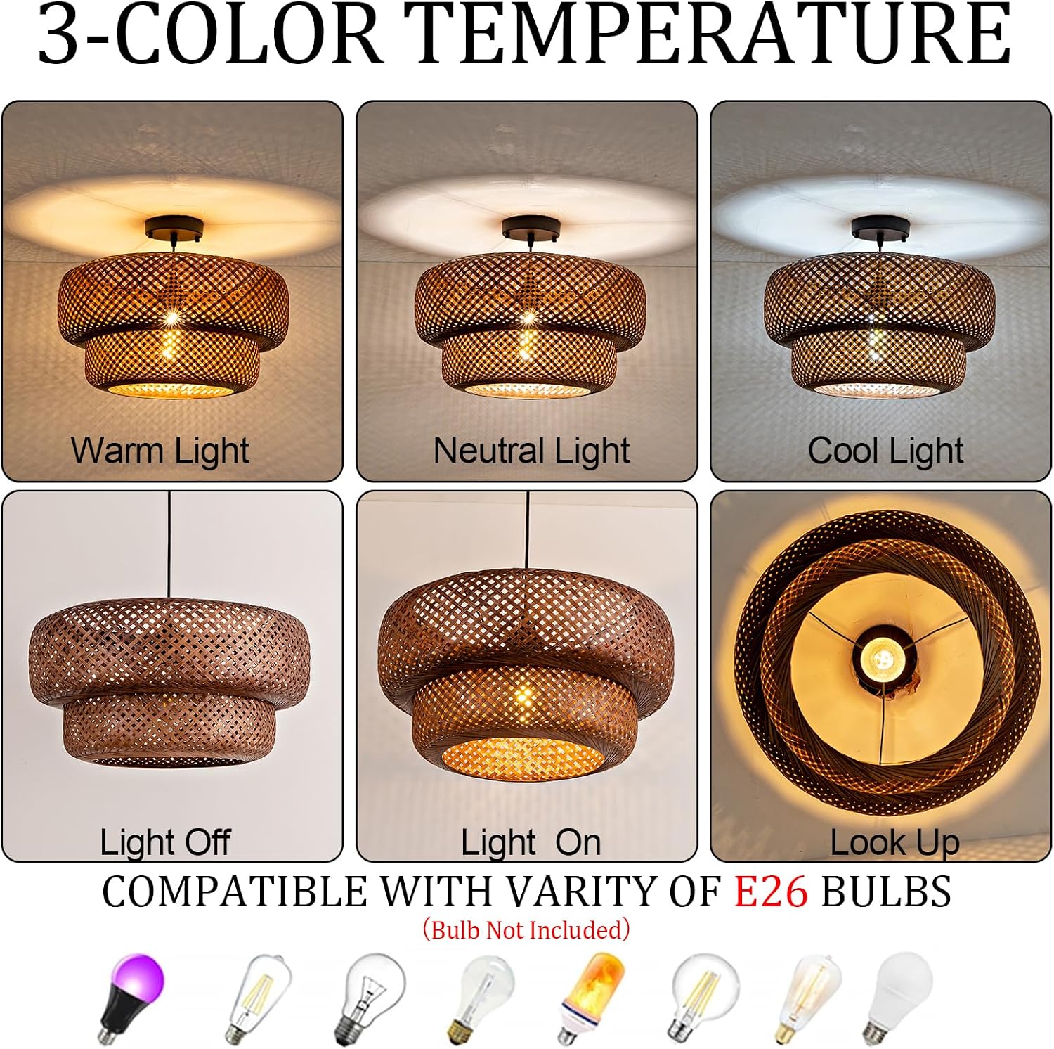 Bamboo Pendant Light,Dark Curry Boho Rattan Hanging Light,17.7' Hand Woven Wicker Chandelier for Kitchen Island for Kitchen Island Dining Bedroom Living Room Restaurants