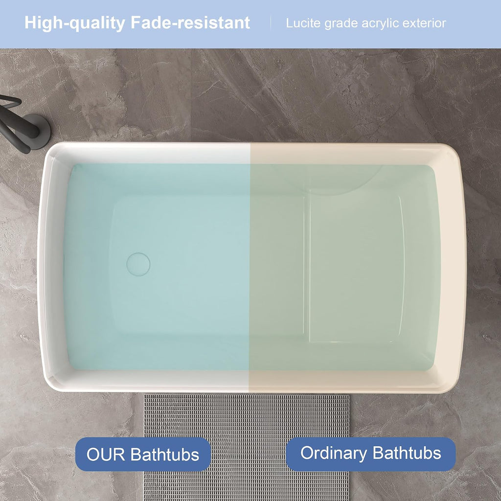 47' Acrylic Freestanding Bathtub, Square Shaped Japanese Soaking Tub with Seat Design, Stand Alone Tubs W/Pop-UP Chrome Drain, Slotted Overflow, cUPC Certified, Glossy White