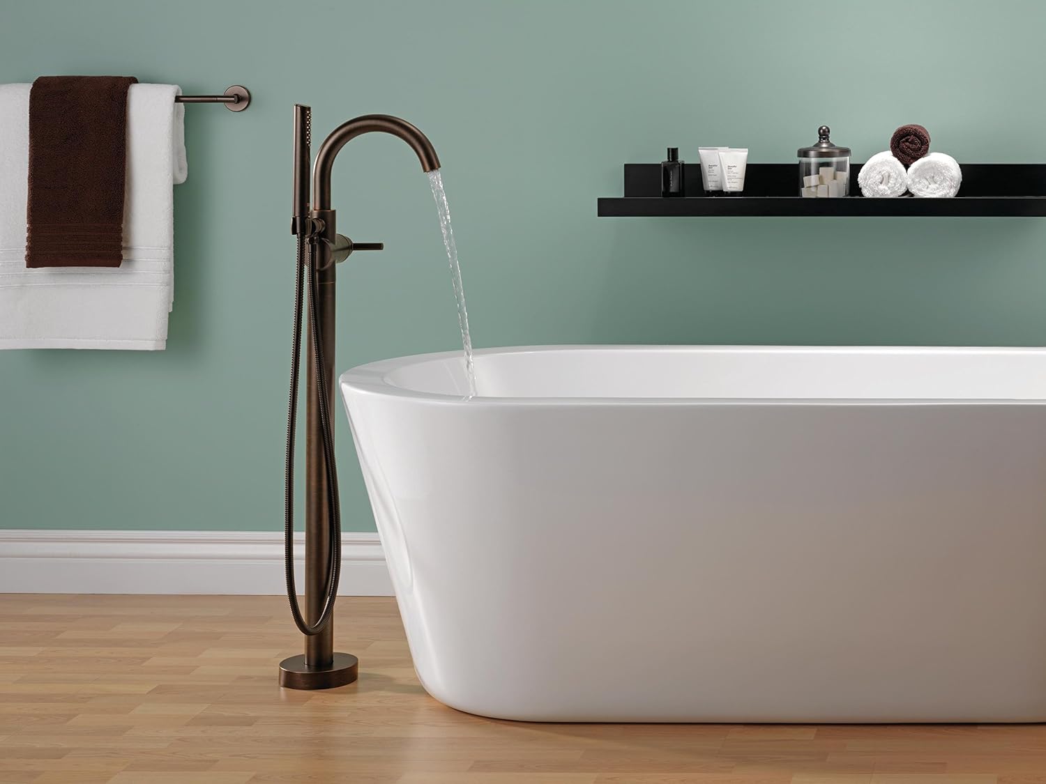 Delta Faucet Trinsic Floor Mount Tub Filler - Freestanding Roman Tub Spout with Handheld Shower - Flexible Shower Hose - Double Check Valves - Venetian Bronze, T4759-RBFL (Rough Sold Separately)
