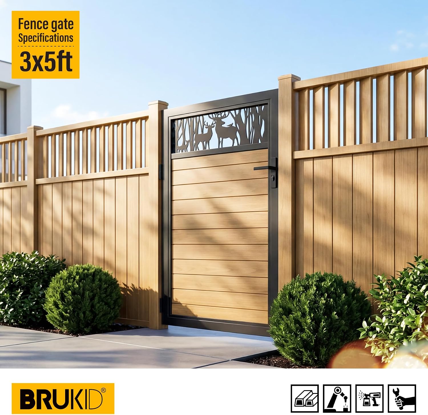 3x5 FT Aluminum Fence Gate Kit Wood Grain Aluminum Gate with Decorative Cutout, Lock & Hinges, Left/Right Opening, Weather Resistant for Yard Garden Patio