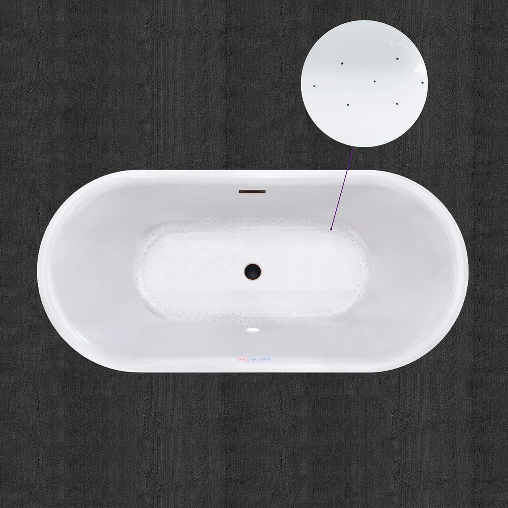 WOODBRIDGE 59' Air Bubble Acrylic Freestanding Bathtub Contemporary Soaking Tub, White Acrylic wirh Oil Rubbed Bronze Drain and Overflow,B0102-ORB