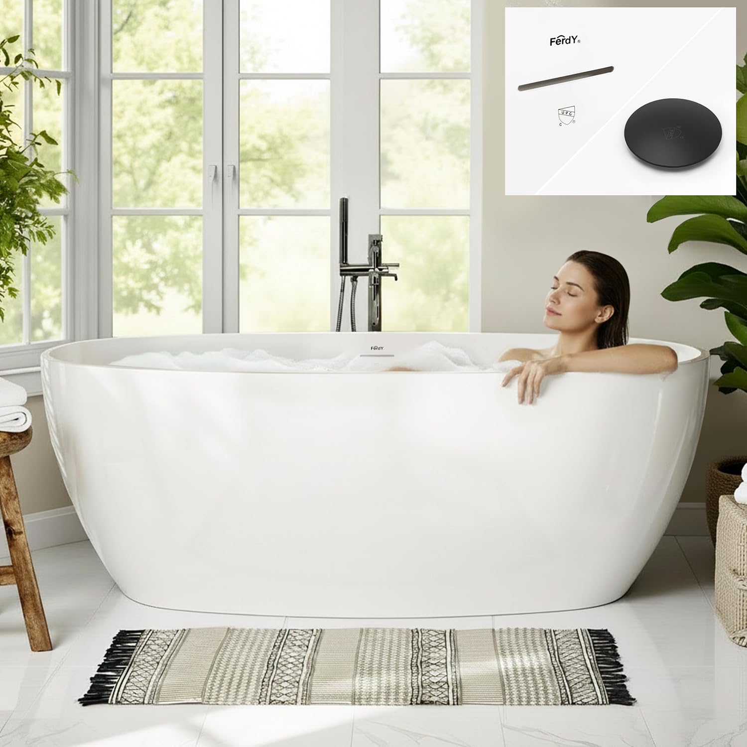 FerdY 67' Acrylic Freestanding Bathtub, Contemporary Soaking tub with Matte Black Drain & Overflow, cUPC Certified, Elegant Oval Shape, Tahiti