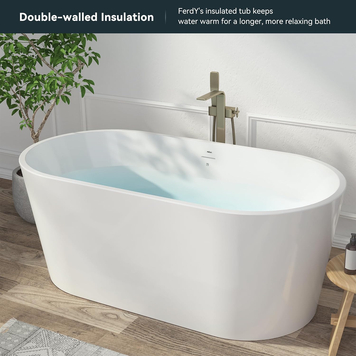 FerdY Shangri-La 59' Acrylic Freestanding Bathtub, Gracefully Shaped Soaking Bathtub, White, cUPC Certified, Brushed Nickel Drain & Bath Pillow for Bathtub,Thick Tub Pillows, Breathable 4D Air Mesh