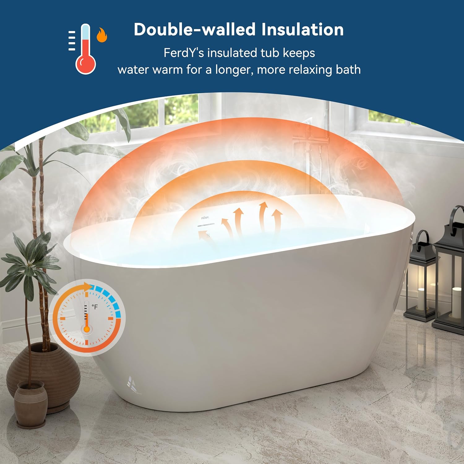FerdY 59' Acrylic Freestanding Bathtub, Contemporary Soaking tub with Chrome Drain & Overflow, Elegant Oval Shape, cUPC Certified, Bali