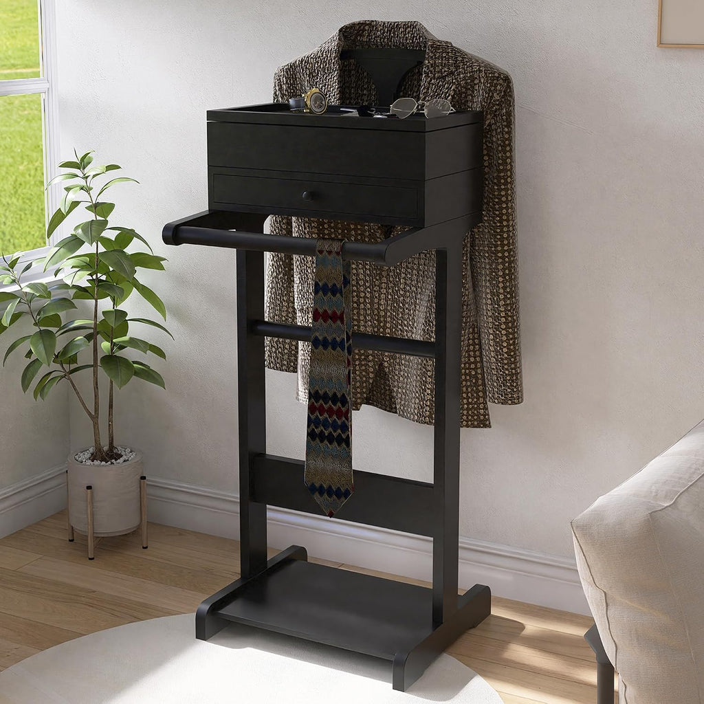 Wooden Valet Stand for Men, Clothing Rack with Drawer, Coat Hanger, Tray, Rods, Shoe Shelf, Women Garment Valet for Bedroom, Living Room, Office, Entryway, Black