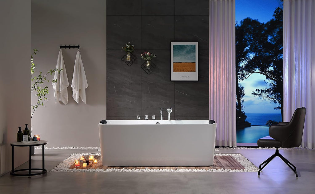 Empava 67 inch Whirlpool Bathtub, Acrylic Freestanding Tub Hydromassage Gracefully Rectangle Shaped Whirlpool 8 Water Jets Soaking SPA, Double-Ended Massage Bathtub with Black Pillows, White