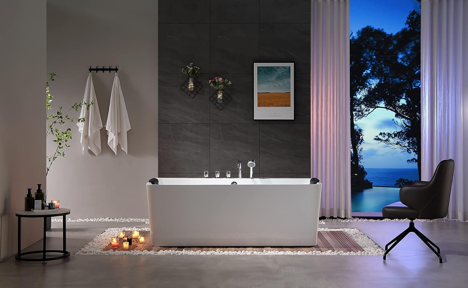 Empava 67 inch Whirlpool Bathtub, Acrylic Freestanding Tub Hydromassage Gracefully Rectangle Shaped Whirlpool 8 Water Jets Soaking SPA, Double-Ended Massage Bathtub with Black Pillows, White