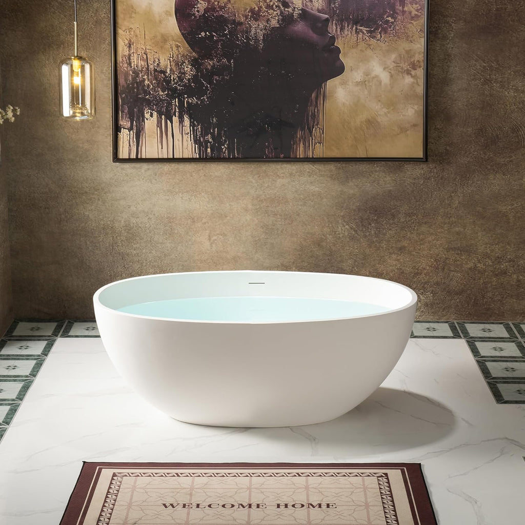 WOODBRIDGE 55 Stone Resin Freestanding Soaking Tub, Modern Oval Solid Surface Bathtub with Integrated Slotted Overflow & Drain, Matte White, B0043