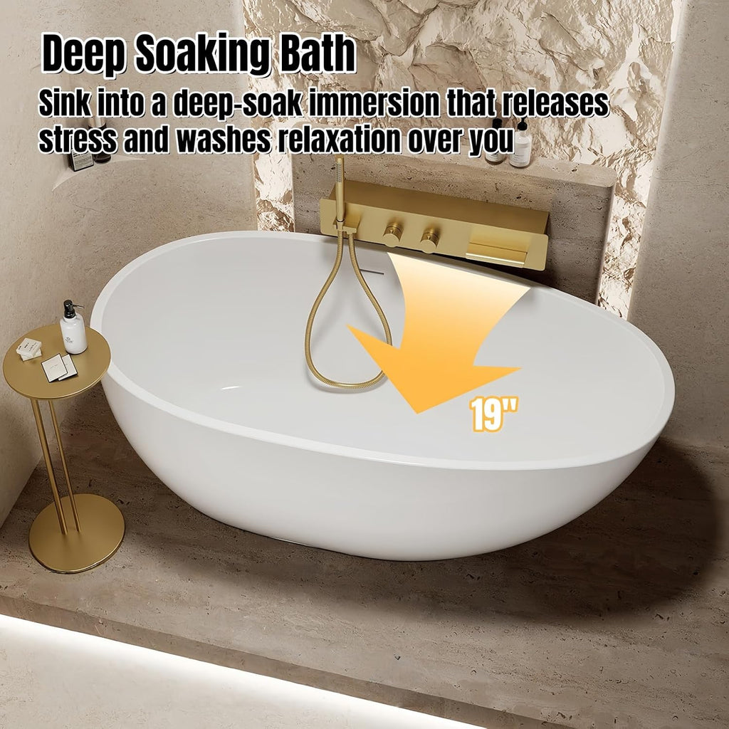 60' Edeyeu Oval Freestanding Bathtub - Extra Deep Soaker Tub With Premium Acrylic, Ergonomic Solid Surface Stand Alone Bathtub, Modern Freestanding Bathtubs For Spa Experience Pink A