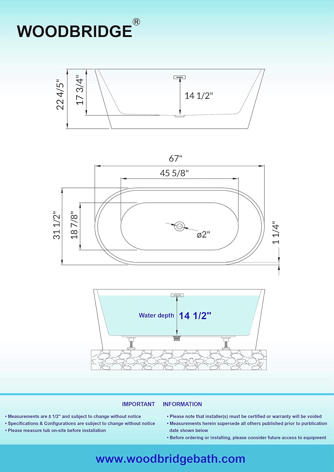 WOODBRIDGE 67' Acrylic Freestanding Bathtub Contemporary Soaking White Tub with Matte Black Overflow and Drain，B0013-MB