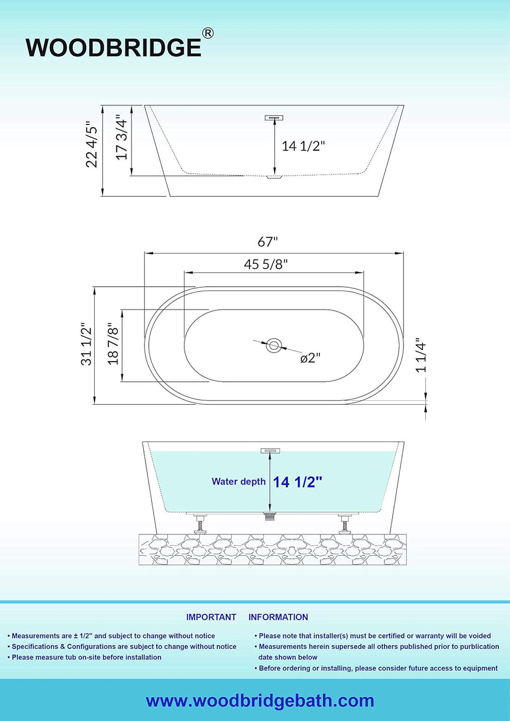 WOODBRIDGE 67' Acrylic Freestanding Bathtub Contemporary Soaking Tub, Black Acrylic (Brushed Nickel Drain/Overflow),BTA1813-BN