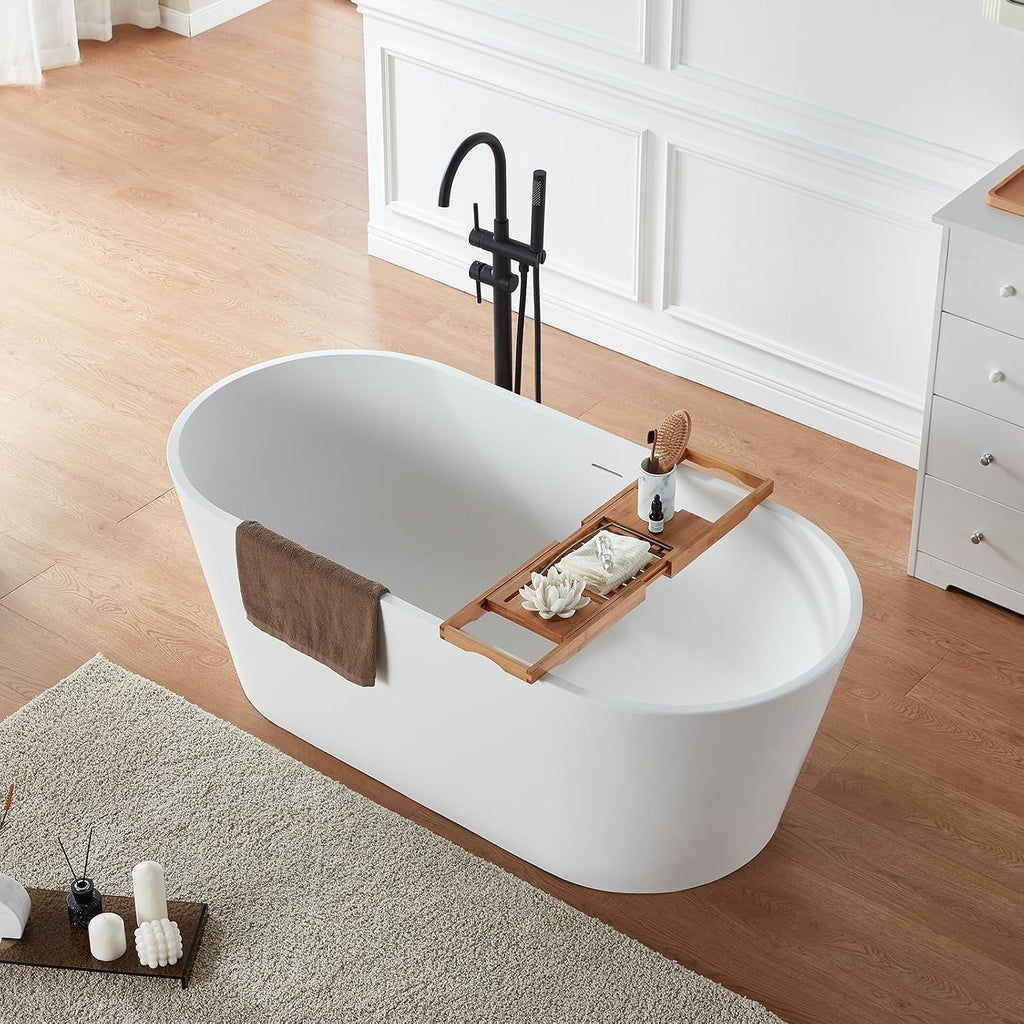 Cpingao 71' Stone Resin Freestanding Bathtub, Contemporary Oval Solid Surface Soaking Stand Alone Tub, Matte White, Drain & Overflow Included 8816-1800