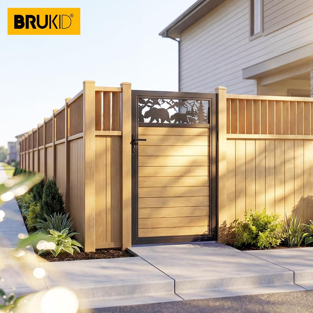 3x5 FT Aluminum Fence Gate Kit Wood Grain Aluminum Gate with Decorative Cutout, Lock & Hinges, Left/Right Opening, Weather Resistant for Yard Garden Patio