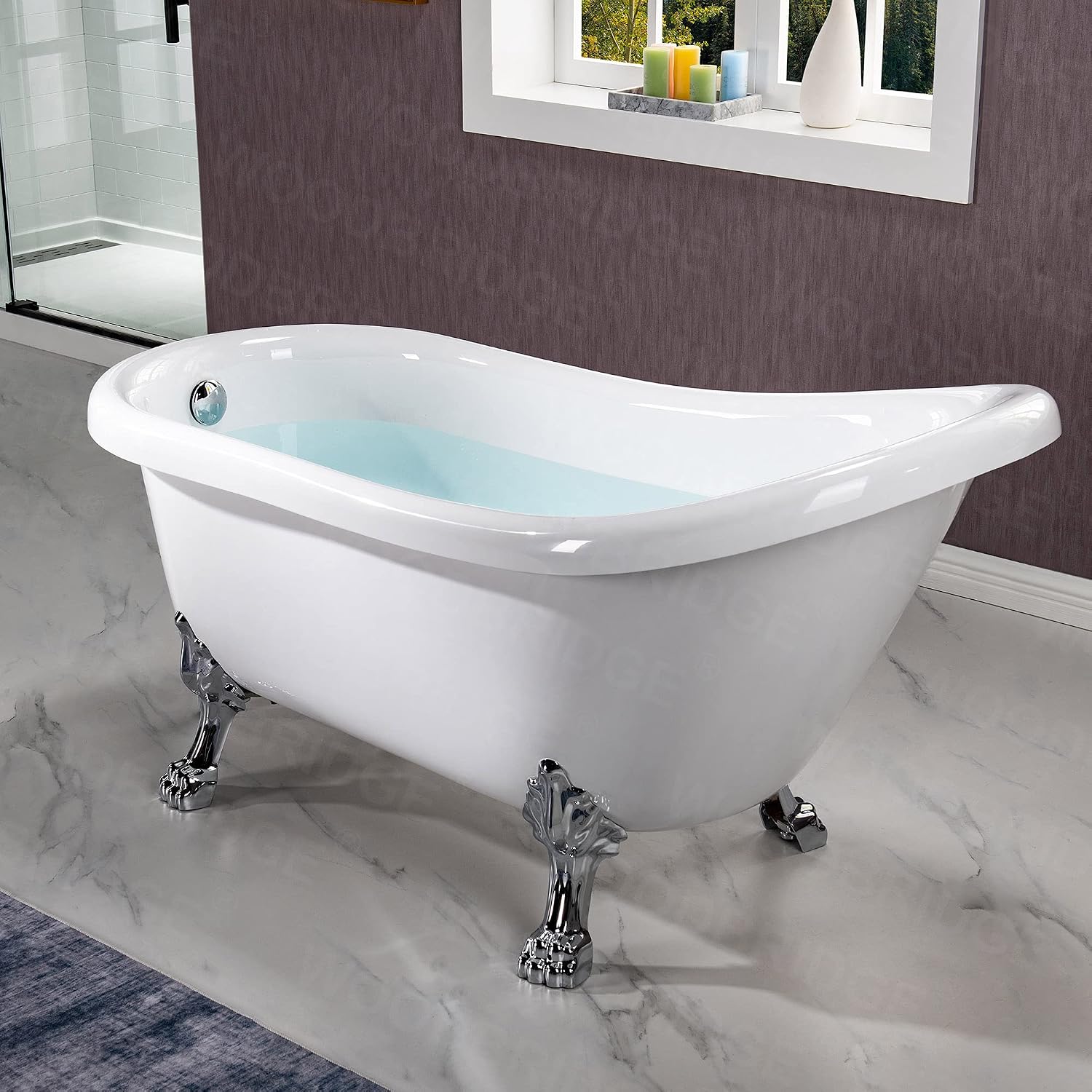 WOODBRIDGE 59' Heavy Duty Acrylic Slipper Clawfoot Bath Tub with Chrome Feet + Chrome Drain &Overflow
