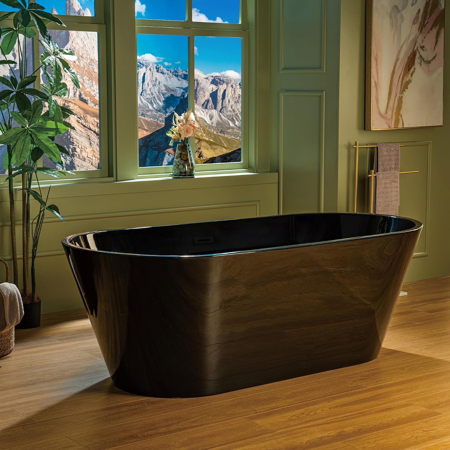 WOODBRIDGE 67' L x 31-1/2' W Freestanding Contemporary Acrylic Soaking Bathtub in Glossy Black Inside and Outside with Matte Black Drain & Overflow, Black, B8813-MB