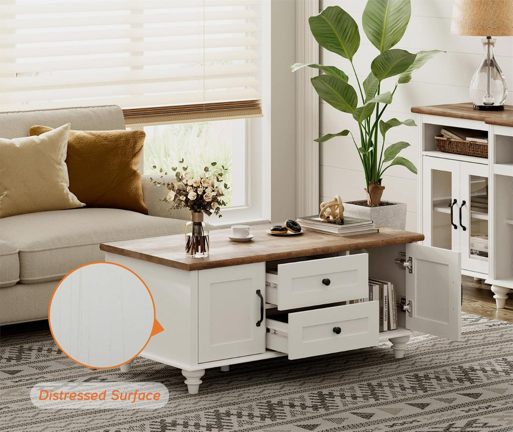 WAMPAT 3 Pieces Living Room Table Set, Set of 2 Nightstands Side Tables with Charging Station, One Rectangle Coffee Table with Storage Cabinet, Off White