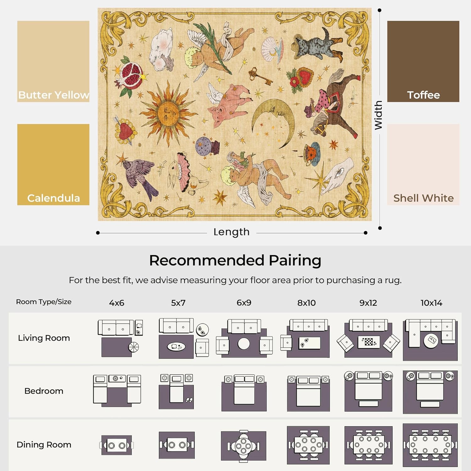 Kokia Sun and Moon Celestial Cottagecore Area Rug 8x10 Feet Yellow Vintage Washable Low Pile Non-Slip Rug for Nursery Playroom Living Room Bedroom Unique Boho Decorative Tapestry Rug