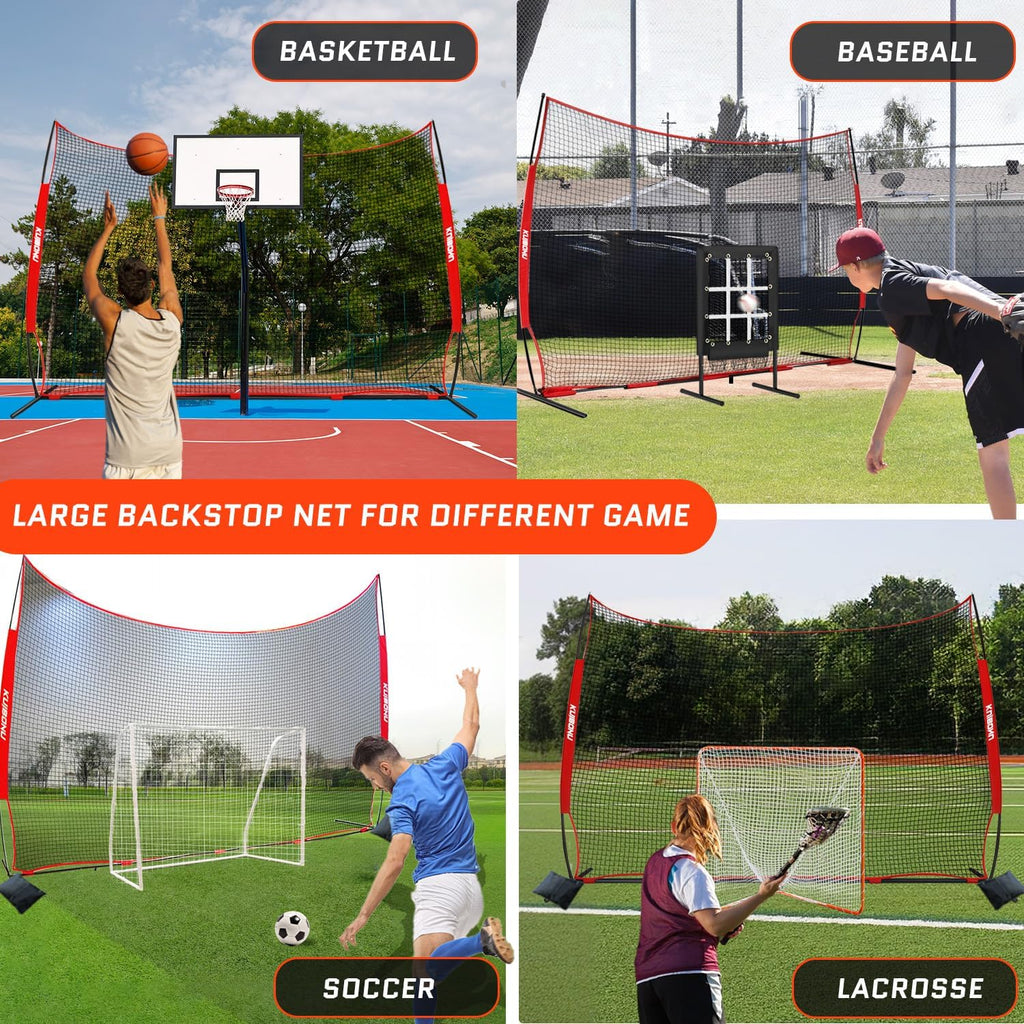 20x10 Foot Barricade Backstop Net, Basketball Barrier Net with Sturdy Steel Frame and Heavy-Duty Netting, Perfect for Lacrosse Baseball Soccer Basketball and More