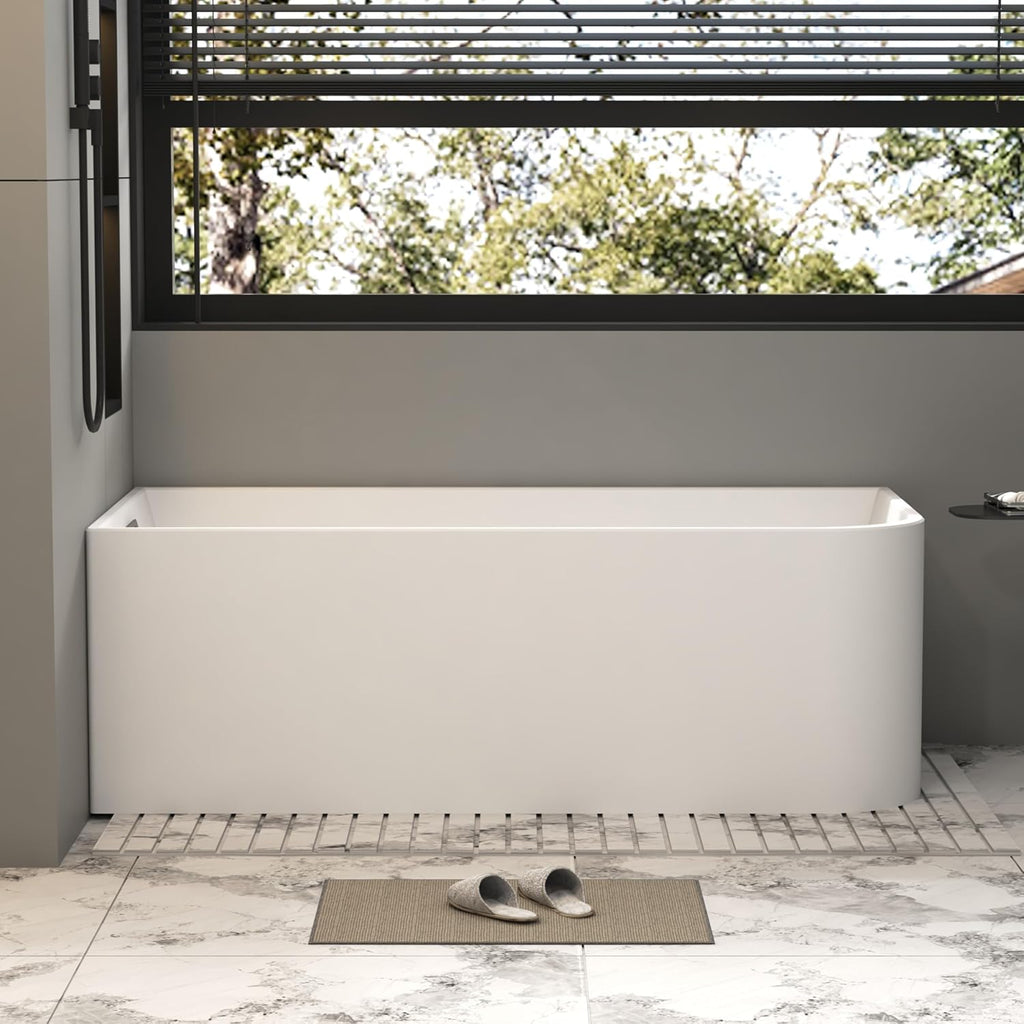 67 inch Corner Wave Style Left Drain Freestanding Soaking Bathtub, Modern Stand Alone Free Standing Acrylic Tub with Left Hand Drain & Overflow, Glossy White