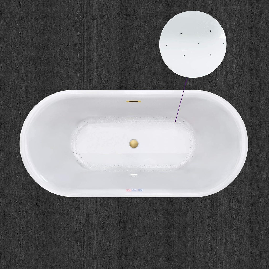 WOODBRIDGE 59' Acrylic Freestanding Bathtub Contemporary Soaking White Tub with Brushed Gold Overflow and Drain，B0102 -BG-Drain &O