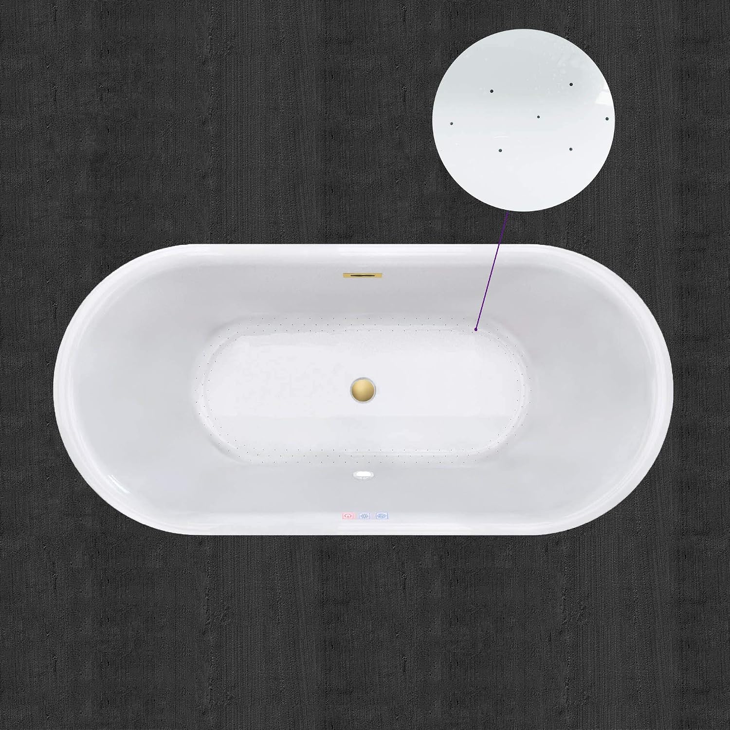 WOODBRIDGE 59' Acrylic Freestanding Bathtub Contemporary Soaking White Tub with Brushed Gold Overflow and Drain，B0102 -BG-Drain &O