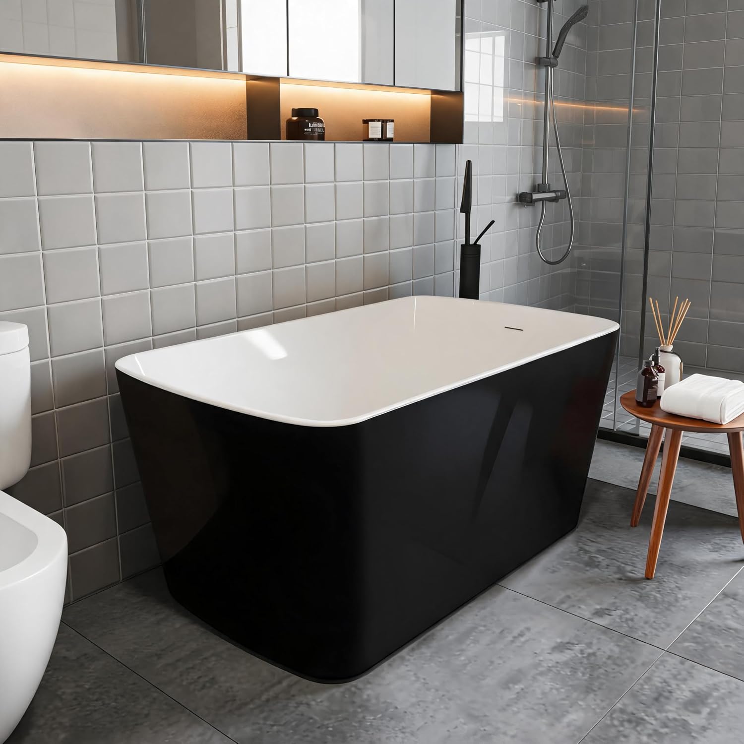49' Freestanding Acrylic Bathtub, Japanese Square Soaking Tub with Built-in Seat, Toe-Tap Drain & Slotted Overflow, CUPC Certified Black Standalone Tub for Modern Bathroom