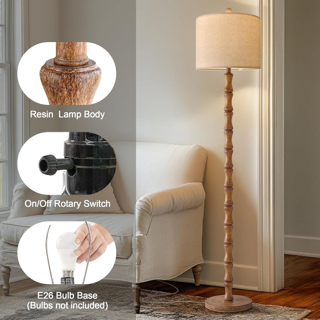 BOBOMOMO Farmhouse Table and Floor Lamp Set of 3, Vintage Lamp Set with Fabric Shade for Living Room, Bedroom, Side Table, Reading Corner