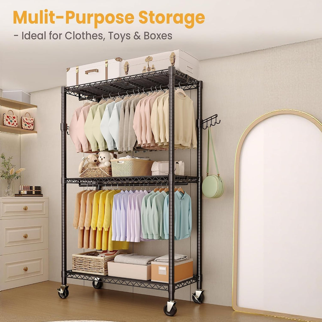 3-Tier Rolling Garment Rack, Heavy Duty Clothing Organizer with Adjustable Shelves & Dual Hanging Rods, Freestanding Metal Rack with Locking Casters for Bedroom, Closet, Dorm, Laundry Room - Black