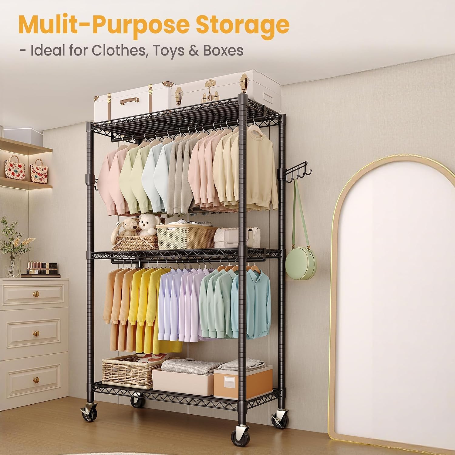 3-Tier Rolling Garment Rack, Heavy Duty Clothing Organizer with Adjustable Shelves & Dual Hanging Rods, Freestanding Metal Rack with Locking Casters for Bedroom, Closet, Dorm, Laundry Room - Black
