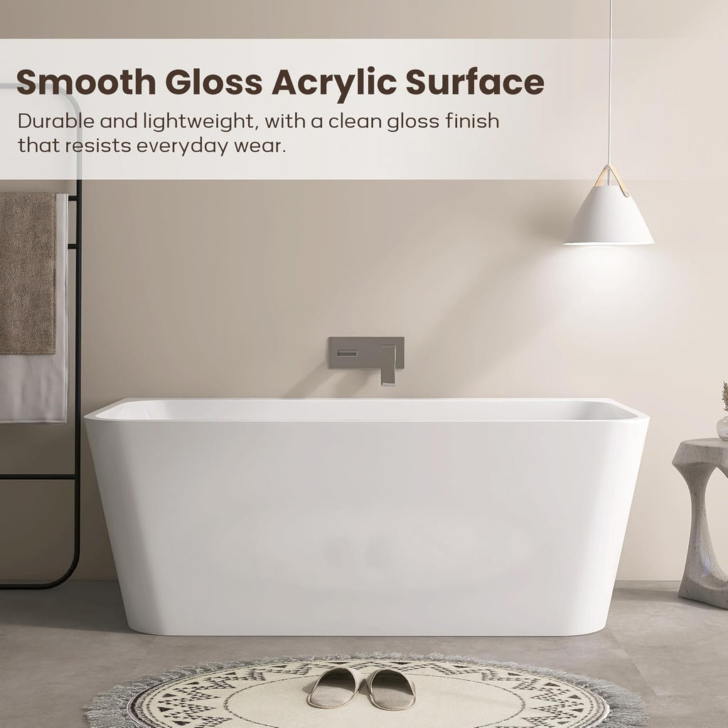 SJ STAR&JANE 59 Inch Acrylic Freestanding Bathtub,Modern Back to Wall Soaking Tub, Stand alone Acrylic Tub Integrated Center Drain & Overflow, Glossy White