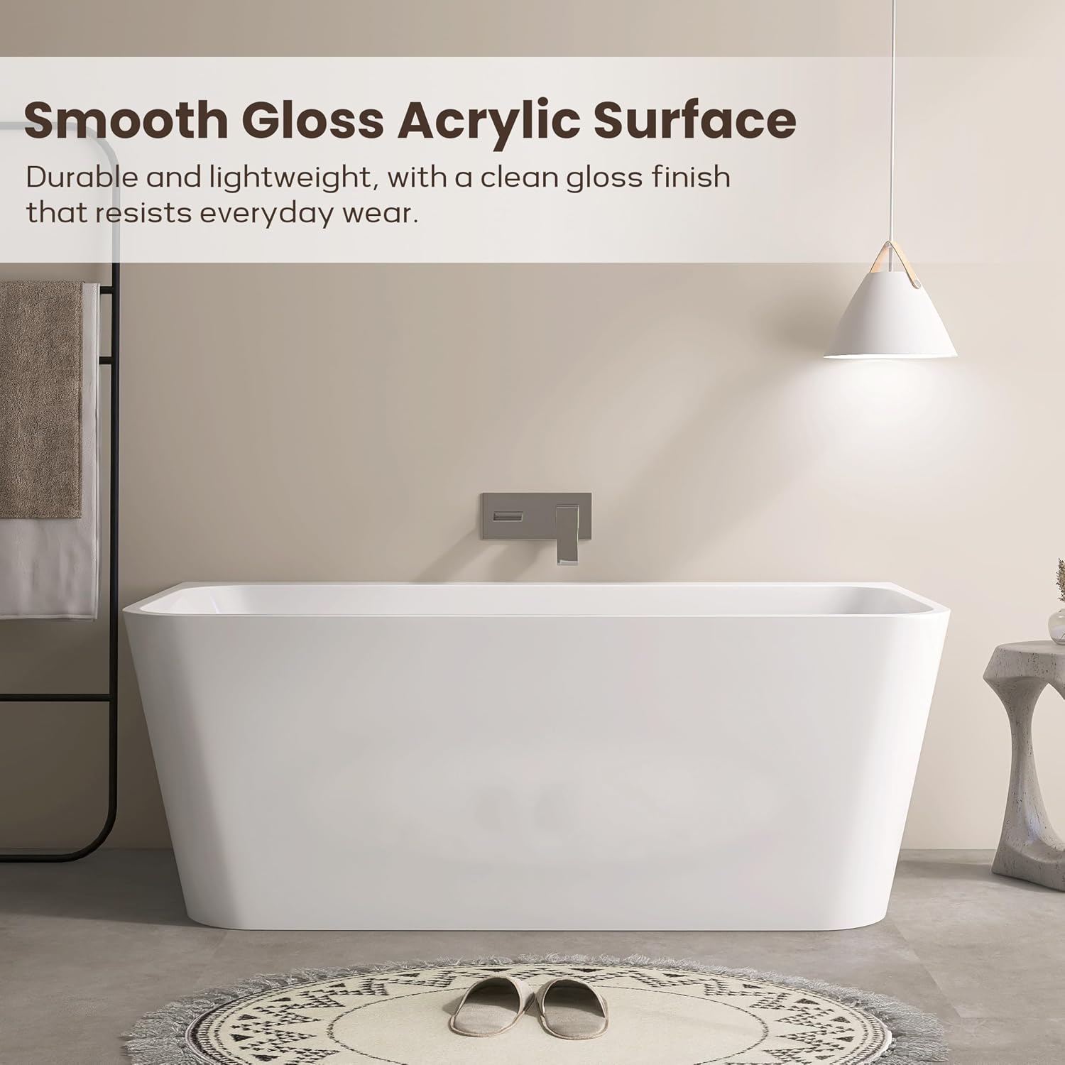 SJ STAR&JANE 59 Inch Acrylic Freestanding Bathtub,Modern Back to Wall Soaking Tub, Stand alone Acrylic Tub Integrated Center Drain & Overflow, Glossy White