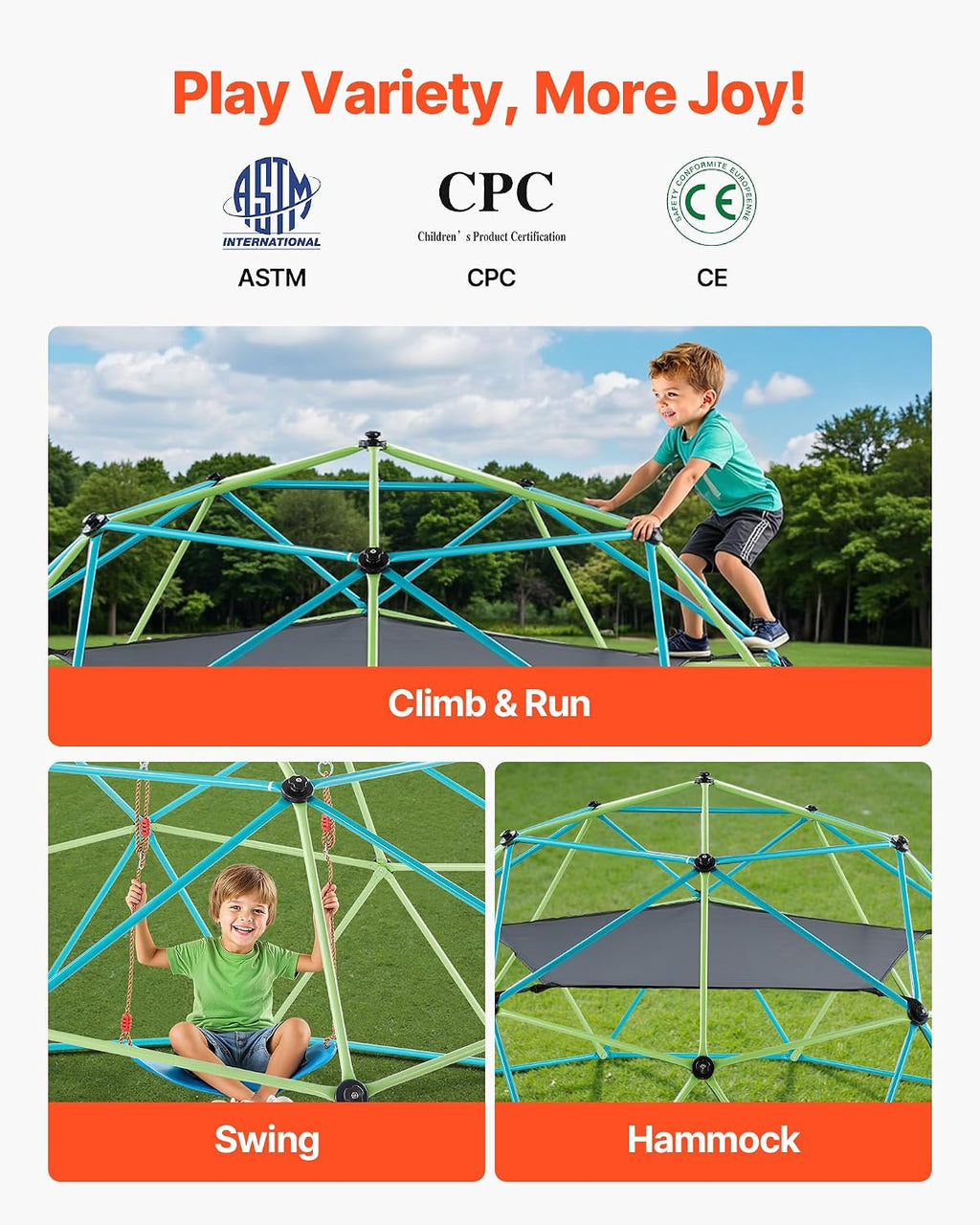 VEVOR Climbing Dome, 10FT Geometric Dome Climber with Swing & Hammock, 1000LBS Loading Kid's Jungle Gym Playground, Easy-Assembly Outdoor Backyard Climbing Equipment for Boys Girls 3 to 10 Years Old