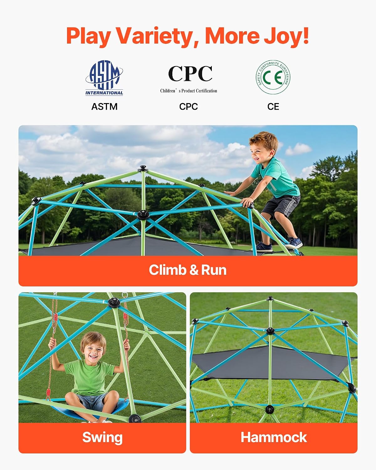 VEVOR Climbing Dome, 10FT Geometric Dome Climber with Swing & Hammock, 1000LBS Loading Kid's Jungle Gym Playground, Easy-Assembly Outdoor Backyard Climbing Equipment for Boys Girls 3 to 10 Years Old