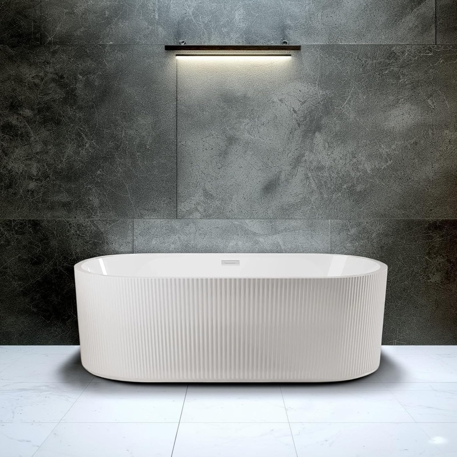 59' Freestanding Acrylic Soaker Bathtub, Fluted Style Free Standing Tub Glossy White, Pop-Up Drain, cUPC Certified - Spacious Stand Alone Tub