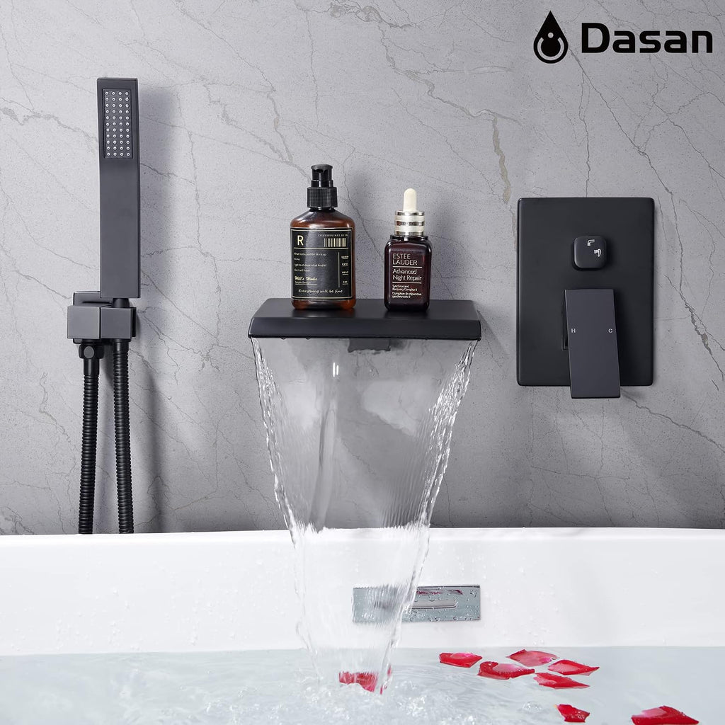 Upgraded Wall Mount Tub Filler Faucet with Handheld Shower, DASAN Modern Wall Mounted Bathtub Faucet Matte Black High Flow Waterfall Tub Faucet with Rough in Valve, SA-TF04WH-MB