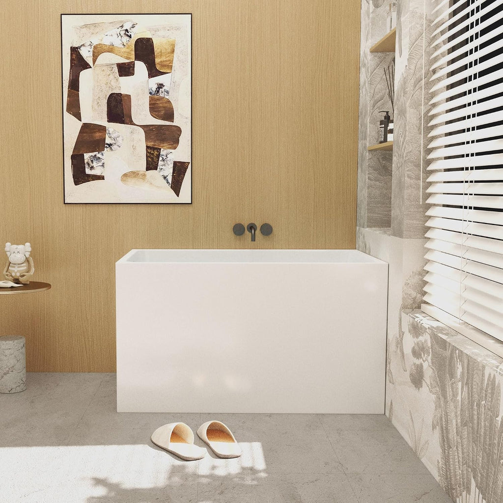 43' Acrylic Freestanding Bathtub with seat: rectangle Shape, Gloss White, Chrome Overflow Pop Up Drain